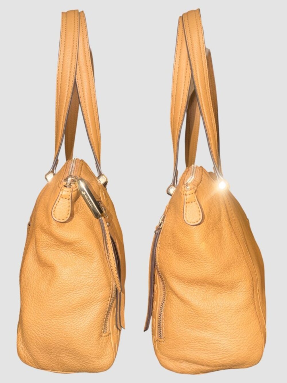 B Makowsky Shoulder Satchel Tan Pebbled Leather Brass Whipstitch Front Zip Bag - Picture 5 of 9